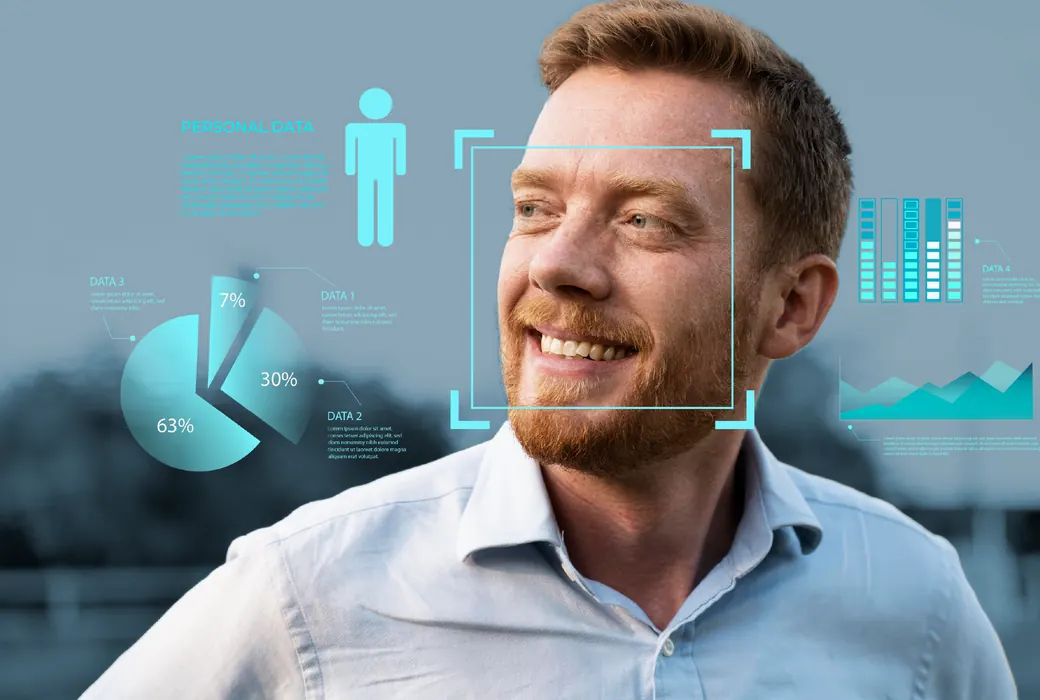Identity verification and analytics overlaid on a portrait, illustrating identity management