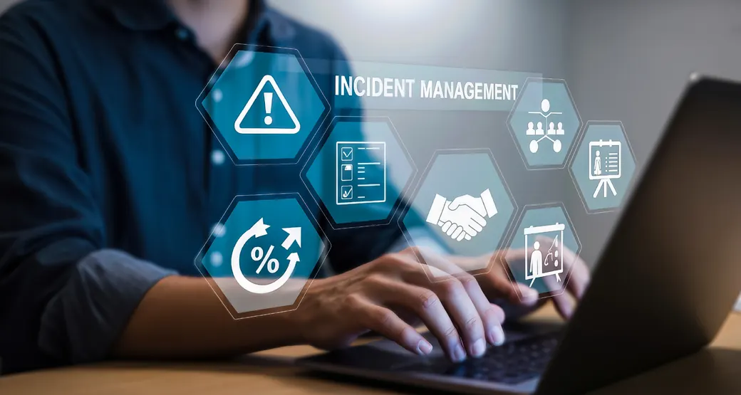 Incident management process shown as connected stages above a laptop