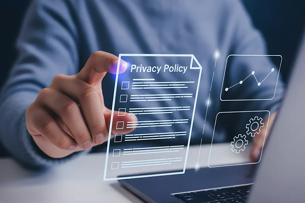 Reviewing a privacy policy document with compliance controls displayed alongside it