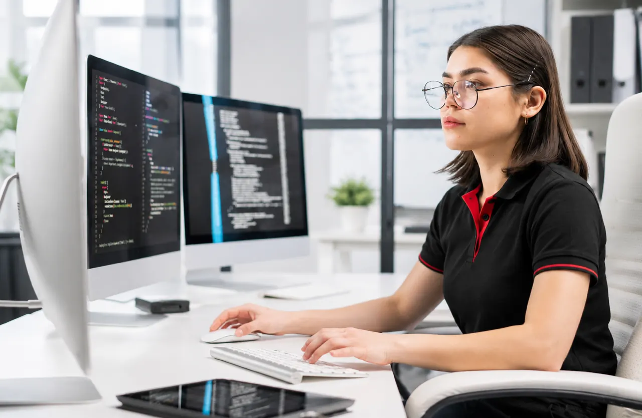 Engineer working through security configuration at a multi-monitor workstation
