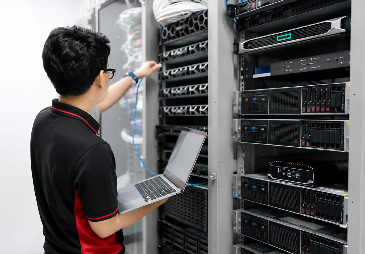 Engineer working in a server room with a laptop connected to rack infrastructure